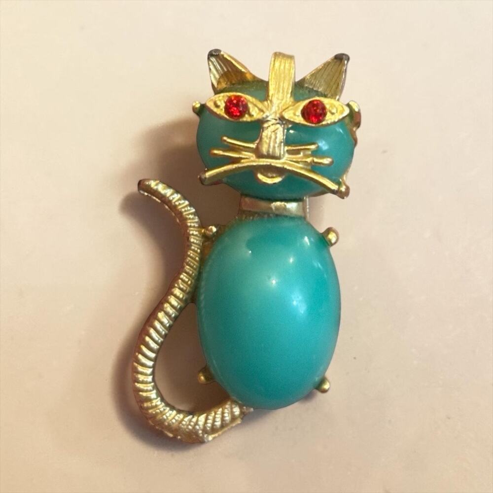 Atomic Turquoise Cat Brooch Red Rhinestone Eyes Mid Century Mod Figural Pin - Picture 5 of 8